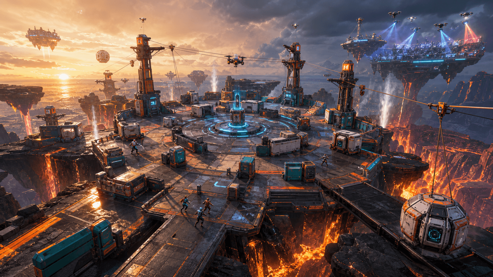Mapa Emberfall Circuit com plataformas, lava e tirolesas